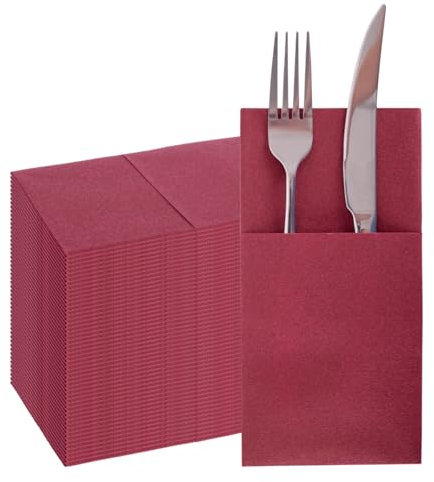 Disposable Cloth Like Napkins Built-in Flatware Pocket, PHUNAT 50PCS Pocket Napkins, Prefolded for Silverware, Wedding Party Linen Feel Ruby Color Napkins, Airlaid Quality Napkins 40 * 40cm