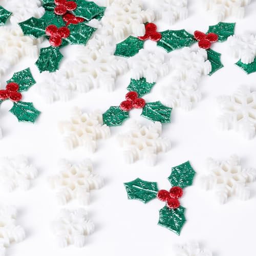 150pcs Miniature Christmas Decorations, Including 100 Tiny Holly Leaves Berries & 50 Small Snowflake Ornaments Mini Vase Filler Xmas Party Supplies Embellishment Buttons for Xmas Tree DIY Craft Decor