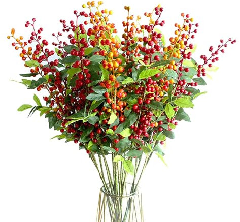 Marooma 6 Pz Steli di Bacche Artificiali, 27 Pollici Piante di Bacche Finte con Foglie Finte Arancioni Rami di Bacche di Agrifoglio Piante a Stelo Lungo per Vaso Autunno Natale