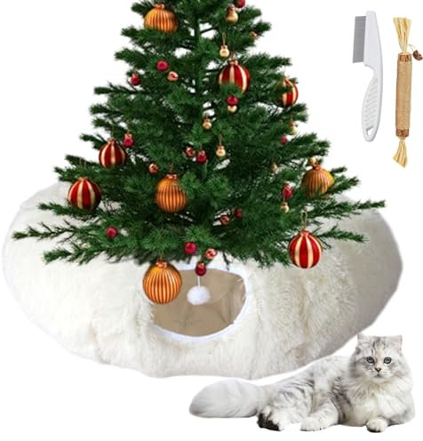 Tunnel pour Chat Arbre de Noël - Tunnels Circulaires sous Jupe d'Arbre pour l'Intérieur, Lit Grotte Tubes pour Chats (Peluche Blanche, Grand)
