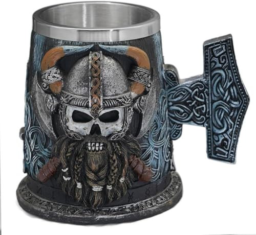 VKINGBOR Danegeld Krug Mjölnir Becher mit Edelstahleinsatz Harz Schädel Wikinger Bier Kaffee Bierkrüge Tasse BESTES Geburtstagsgeschenk 650 ml