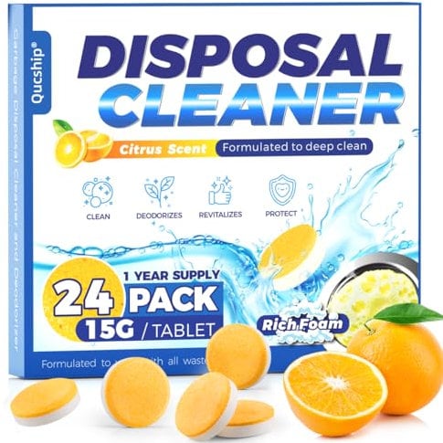 Qucship Powerful XXL Foaming Garbage Disposal Cleaner and Deodorizer Tablets - 24 Pack, Citrus Scent Garbage Disposal Cleaner, Sink Drain Clean for 1 Year Kitchen, House, Home Cleaning Essentials