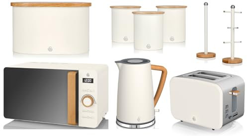 Swan Nordic White 1.7L Jug Kettle, 2 Slice Toaster, 800W 20L Microwave, Bread Bin, Canisters, Mug Tree & Towel Pole Set. Scandinavian Inspired Design Matching Kitchen Set of 9 in Cotton White