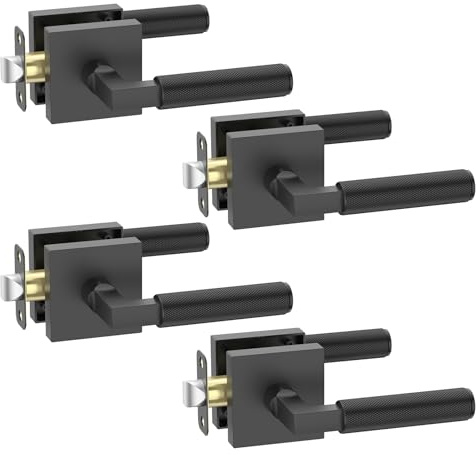 FILTA 4 Pack Matte Black Passage Door Handles, Knurled Door Levers Interior Matte Black Door Lever Bathroom Door Knobs Heavy Duty Square Door Lock