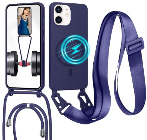 GoodcAcy Crossbody Lanyard Case for iPhone 12 Mini, [Compatible with MagSafe] Magnetic Case with Strap Adjustable and Removable Neck, Anti-Fingerprint Cover, Blue