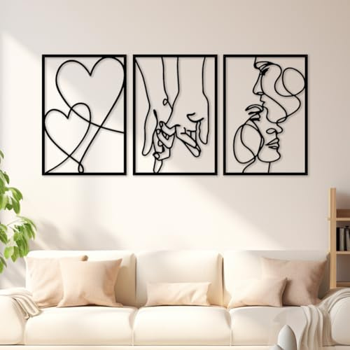 Zinueen 3 Stück Minimalistische Metall-Wanddekoration, Liebhaber | Kuss, Herz, Hand, Ästhetische Metall Wandkunst, Romantische Wanddeko für Schlafzimmer