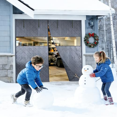 200-500 cm Garagentor Dämmset für Winter Türvorhang Kälteschutz Garagentor Isoliervorhang, Kälte- und Zugluftschutz Wärmeschutzvorhang für Garage Balkon Kellertüren(Gray+Clear)