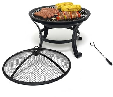 Relaxdays Feuerschale, Ø Schale 55 cm, mit Grillrost, Funkenschutz, Schürhaken, Stahl, Feuerstelle Garten, schwarz