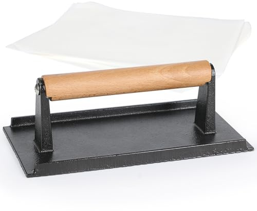 STYDDI Rectangle Heavy-Duty Cast Iron Burger Press with Wooden Handle, Gill Press for Smash Steaks, Bacons and Paninis, Ideal for BBQ, Pan and Flat-top Griddle, incl. 50pcs Patty Papers