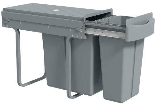 HOMCOM Under-Sink Kitchen Trash Bin, 2 Containers, 20L + 10L, Handle, Grey | Removable Recycling Containers, Smooth Slide, Diamond Pattern Lid
