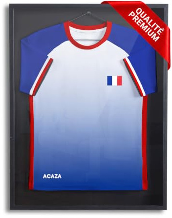 ACAZA Cadre Maillot Foot 70x90cm Premium - Grand Cadre 3D XL Football, Basket, Rugby et Cyclisme, Vitrine pour t-Shirt Adulte, Bois Vernis et Verre Acrylique, Noir