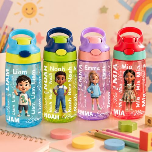 VEELU Borraccia Bambino Personalizzata con Nome, Borraccia con Cannuccia | Borraccia con Foto BPA Free, Antigoccia per Scuola, Asilo, Sport, Personalizzata Regalo per Bambini e Bambine