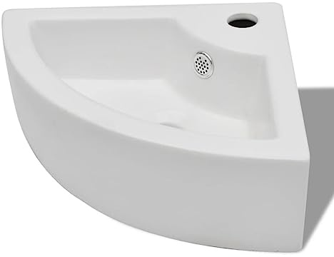 Xhnifbn Lavabo d'Angle en Céramique Blanc Suspendu ou à Poser 45x32cm | Lave-mains gain de place pour petite salle de bain, WC et toilettes, avec trop-plein et trou pour robinet.