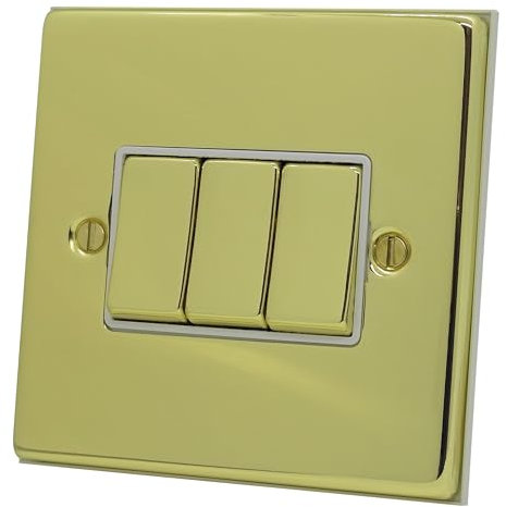 Discount Electrix 3 Gang 2 Way 10 Amp Light Switch Polished Brass Finish with White Insert