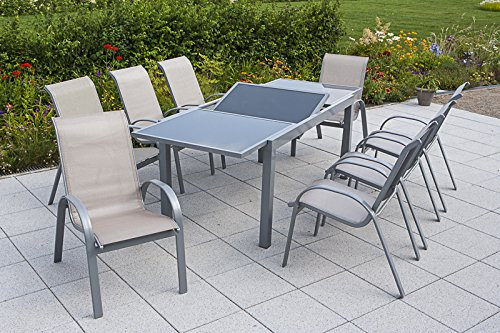 MERXX 9tlg. Amalfi Set, 8 Amalfi Stapelsessel, 1 Ausziehtisch, 180 (240) x 100 cm, Champagner