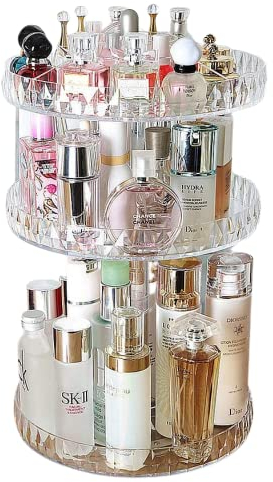 TRIXES Make Up Organiser, 360 Degree Rotating Toiletry Cosmetic Organiser, 2 or 3 Tier Clear Acrylic Stand, Faceted Crystal Design, Vanity Unit