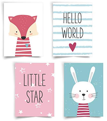 Donari - Liebevoll gestaltetes 4er Set Poster für Kinder in A4 - Poster für das Kinder- und Babyzimmer - Tolles Geschenk für Babyparty (Mädchen)