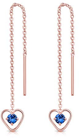 Orecchini Cuore Pendenti Argento 925 Placcati Oro Rosa 18K con Brillantini Punto Luce di Cristallo Blu Zaffiro - Orecchini Lunghi Donna - Classici Eleganti Ipoallergenici - Gioielli Regalo Donna
