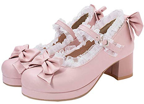 Women's Chunky High Heel Bowknot Pumps - Pink Round Toe Platform Shoes for Casual and Special Occasions