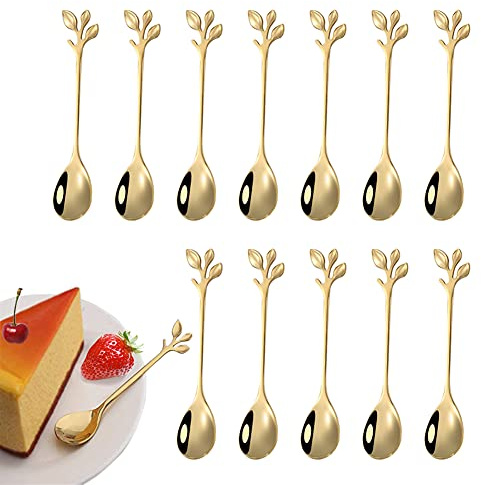 12 piezas de cucharadita de hoja de acero inoxidable, Cuchara de postre pequeña de acero inoxidable, mini cucharadita cuchara de postre diseño rama, utilizado para agua té leche café (oro)