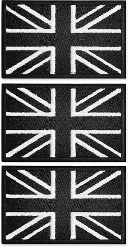 3PCS Union Jack Patch Black United Kingdom Flag Patch Tactical Applique Fastener Hook & Loop UK Emblem for Cap Bag Vest Military Uniforms