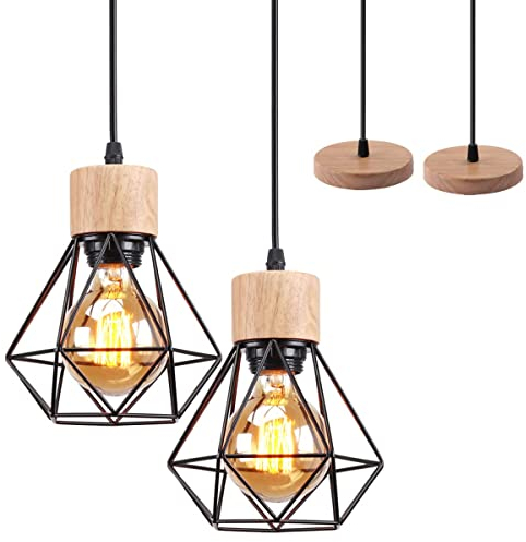 TOKIUS Suspension Luminaire Vintage Industrielle Lustre Abat-jour en Métal et Bois Ø160mm Plafonnier E27 avec Bois Rétro Pour Salon Cuisine Chambre (2pcs)