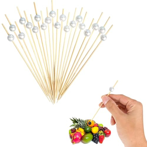 Spldsun 100 Pieces Bambou Bâton Cocktail, Bâtonnet Cure Dents Décoratifl, Bambou Cure Dents Fête, pour Cocktails, Fruits, Collations, Famille, Fête d'anniversaire (12cm, Blanc)