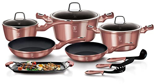 Berlinger Haus I-Rose Batería Cocina Inducción 12 Piezas, Antiadherente Titanio sin PFOA, Aluminio, Set 2 Cazuelas, 3 Tapas Cristal, 1 Cazo, 1 Plancha, 2 Sartenes, 3 Utensilios, Diseño Moderno