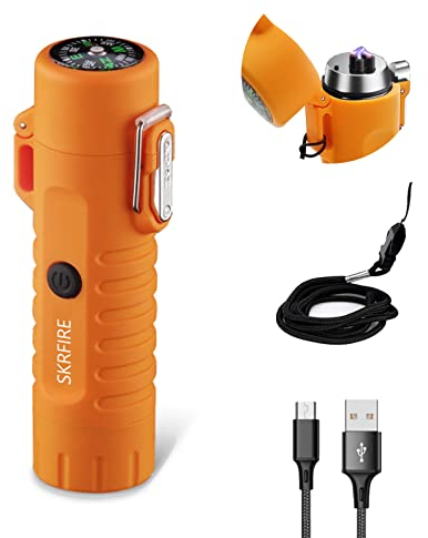 SKRFIRE winddichtes Feuerzeug, Doppelbogen-Feuerzeug, Plasma-Feuerzeug mit LED-Taschenlampe, wiederaufladbares USB-Feuerzeug, flammenloses elektrisches Feuerzeug, geeignet für Camping(Orange)