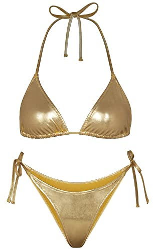 Ensembles De Bikini Métalliques Femme – Micro Bikini Sexy Maillot De Bain Thong Bottom Shiny Transparent Rembourré Coordonné Col Licou Taille Haute Deux Pièces(Gold,XS,1026w)