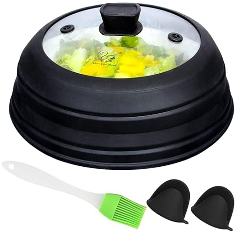 Couvercle anti-éclaboussures en verre pour micro-ondes - Couvercle pliable avec poignée en silicone pour casserole, assiette et bol - 26,7 cm - Noir