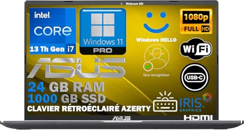ASUS Ordinateur Portable Intel i7 13ème 10 Coeurs 5Ghz, RAM 24 Go DDR5, SSD PCIe 1To, écran IPS 15,6 Full HD, WiFi6E, 4USB, Empreinte Digitale, Clavier rétroéclairé, Win11, déjà configuré, AZERTY