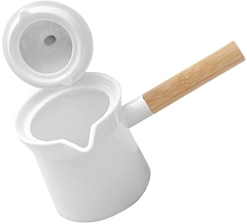 UPKOCH Lattiera in Ceramica Con Manico in Legno Teiera Sfusa Padella Antiaderente Pentola Bollente Del Latte Pentola Del Latte Portacandele Bianca Con Coperchio Cucchiaio Di Legno Bambino