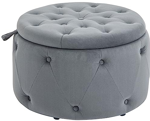 HOMCOM Sitzhocker mit Stauraum, Polsterhocker Aufbewahrungsbox mit Deckel, Runde Ottomane, Sitztruhe mit Samtoptik, Knöpfen für Wohnzimmer, Grau, Ø60 x 40 cm