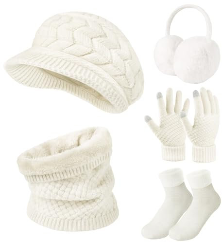Niwicee Wintermütze Damen Fleece Gefütterte Handschuhe Damen Wärmer Lange Strickmütze Schal Warm Beanie Mütze Ohrenschützer Schal Handschuhe Socken-5 Stück Set Gestrickte Winter Geschenk-Aprikose-
