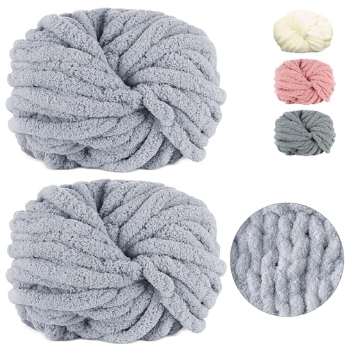 Dicke Wolle Garn 500 g(250 g*2) ca.54 m, Hellgrau Chunky Wolle, Super Soft Chenille Chunky Yarn, Grobstrick Weiches Wollgarn, Soft Arm Knitting zum Häkeln Decke, Schals, Mützen, Decken, Zierkissen