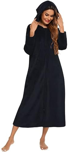 Figarge Bademantel Damen und Herren mit Reissverschluss und Kapuze langer Bademantel Fronttaschen Saunamantel Flanell Bademantel