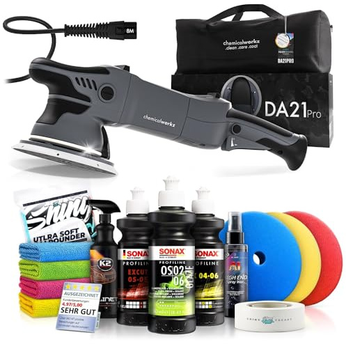 Poliermaschinen Set: chemicalworkz DA21 Pro Exzenter Poliermaschine + Sonax Politur Set + Royal Pads Premium Polierpads + Dr. Wack Lackversiegelung + Zubehör | 14-teilig