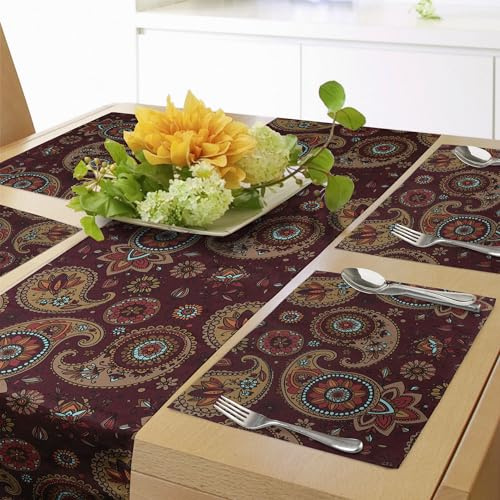 ABAKUHAUS Paisley Tischläufer & 4 Stück Tischsets, Mittleres Muster gedrucktes Bild mit Stammeskunst und böhmischem Motiv, Set für die Tischdekoration, 180 cm x 40 cm, Braun Senf