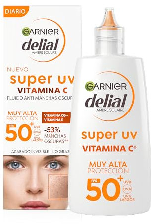 GARNIER DELIAL Crema Facial Fluida Uso Diário Muy Alta Protección Solar FPS50+ AntiManchas Con Vitamina C, Fórmula No Comedogénica 40 ml