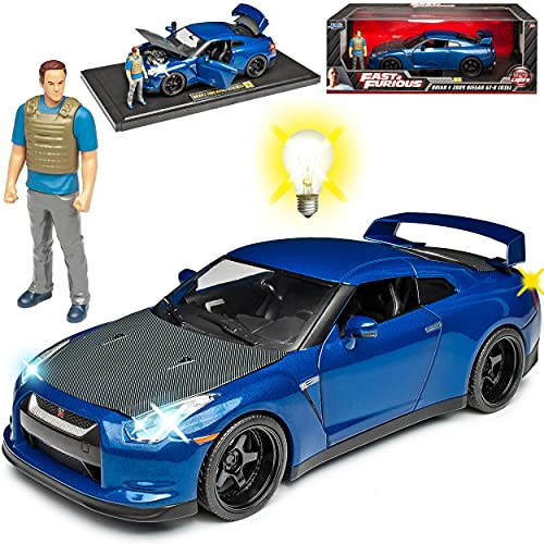 alles-meine.de GmbH Nisan Skyline GT-R R35 Coupe Blau mit Beleuchtung Fast Furious mit Figur Brian O´Connor Paul Walker 1/18 Jada Modell Auto mit individiuellem Wunschkennzeichen
