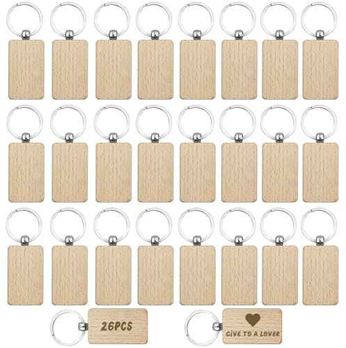 TOATELU Lot de 26 porte-clés en bois : porte-clés carré vierge, personnalisé, porte-clés en bois vierge pour bricolage, sculpture, décoration, cadeaux, peinture