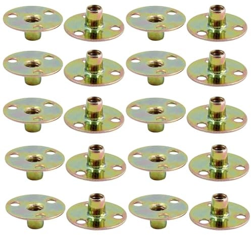 PDETVEO 20PCS 1/4-20Carbon Steel Round Base T-Nut, Brad Hole Tee Nut, Furniture Hardware Flange Insert Female Thread 3-Hole T-Nuts