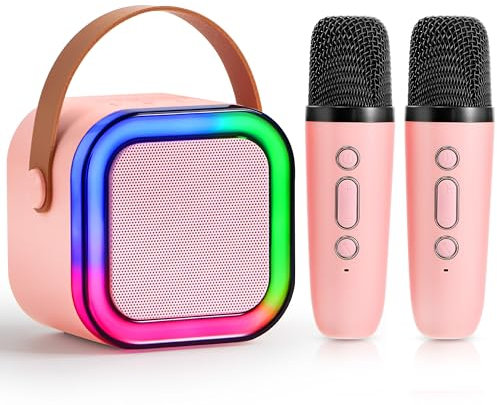 SYNCFUN Mini Karaoke Machine 2 Microphones For Kids And Adults, Bluetooth Speaker With Led Lights Karaoke Set With 2 Wireless Mics,Karaoke Machine Kids Toys,Gifts For Girls Age 5 6 7 8 9 10(Pink)