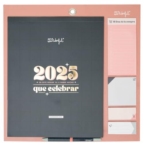 Mr. Wonderful - Calendario de Pared Magnético 2025 - En este hogar va a haber mucho que celebrar - Incluye 4 Hojas de Pegatinas y Notas Adhesivas