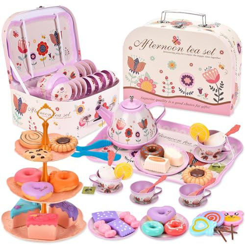 TOSUTO 52 Piezas Juego de té Infantil,Accesorios Cocina Juguete,Juego de té para niñas pequeñas,Juego de te para niñas con Tazas,Platos y Accesorios,Juguetes Cocina para niñas de 3,4,5,6,7 años