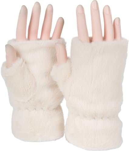 styleBREAKER Damen fingerlose Handschuhe aus kuscheligem Kunstfell - Warme Einfarbige Winterhandschuhe in Teddyfell Optik 09010049, Farbe:Creme-Beige