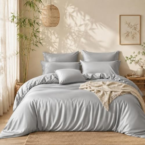 Lanqinglv Bettwäsche 155x220 cm aus 100% Bambus Lyocell,Silbergrau Mako Satin Bettwäsche Set Kühlende mit Reißverschluss,Oeko-TEX Zertifiziert,Luxus Glatt Bettbezug 155x220 und 1 Kissenbezug 80x80