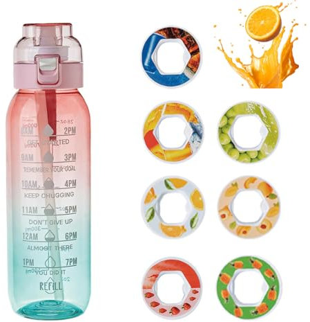 Air Bottiglia d'acqua 1000ml Sport Air Borraccia con 7 Cialde Aromatiche, Senza BPA Borracce Tritan Cialde Aromi Frutta Profumate Borraccia Prova di Perdite Tazza d'acqua con Cannuccia (Rosa)