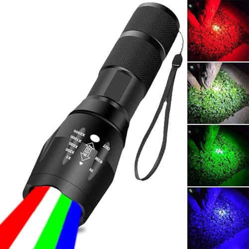 MODOAO Multi-Color Rechargeable Flashlight, 4 Color in 1 LED White Blue Green Red Lights Flash Light,Multi Function 4 Modes Zoomable Waterproof LED Handheld Torch for Camping,Fishing,Outdoors